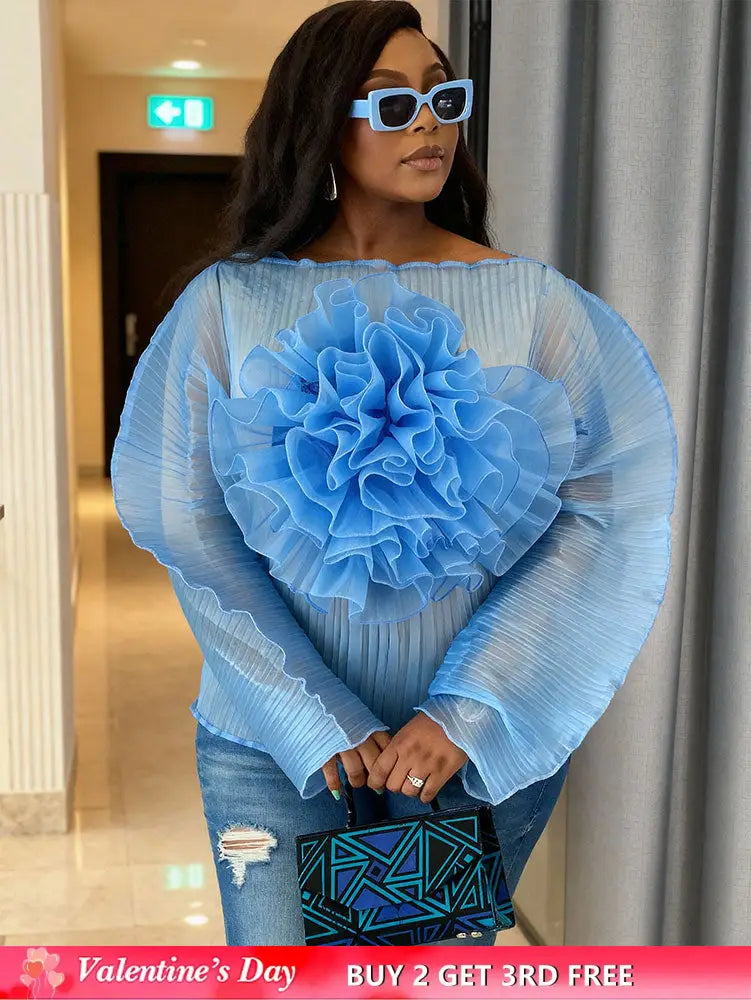 AOMEIDRESS Sheer Blue Mesh Top with 3D Floral Applique Wide Sleeves Blue / L