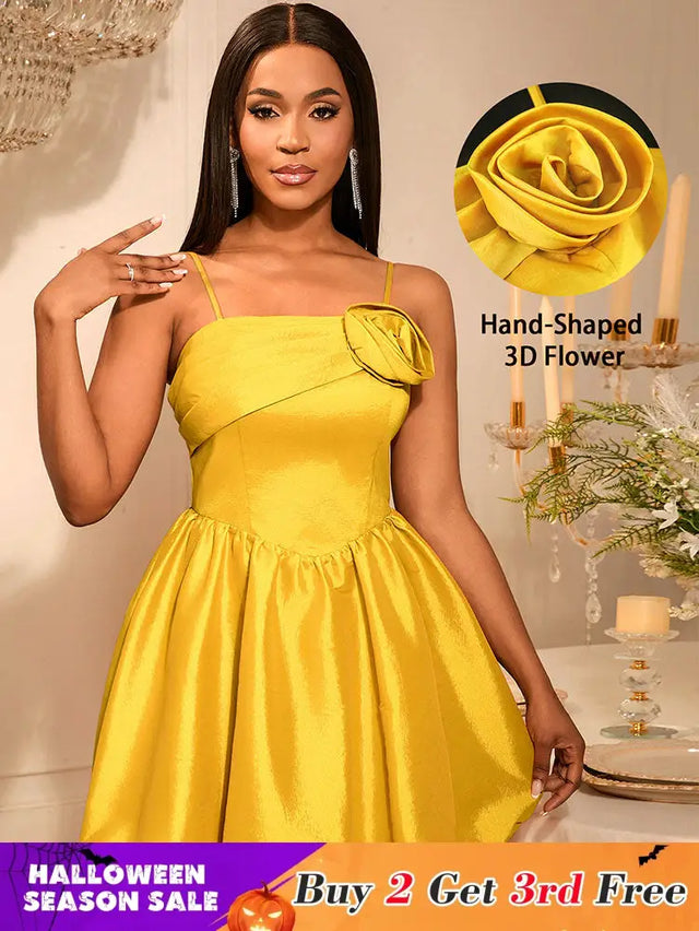 AOMEIDRESS Shiny A Line Mini Backless Wedding Guests Dresses 3D Flower Gold / S