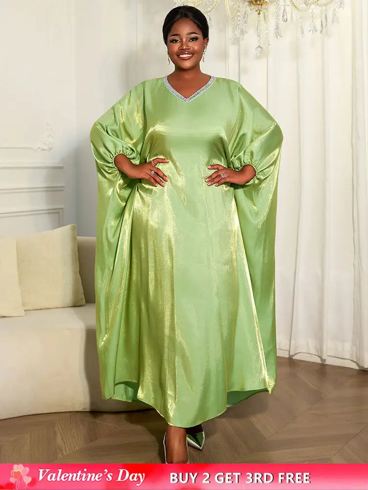 AOMEIDRESS Shiny Kaftan Bubu Dress V Neck Loose African Party Gowns MustardGreen / One Size