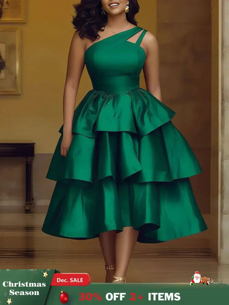 AOMEIDRESS Shiny One Shoulder Ruffle Layered Christmas Party Dresses