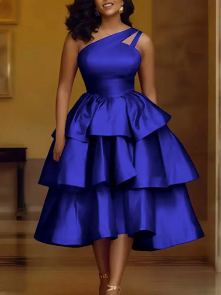AOMEIDRESS Shiny One Shoulder Ruffle Layered Christmas Party Dresses Blue / S