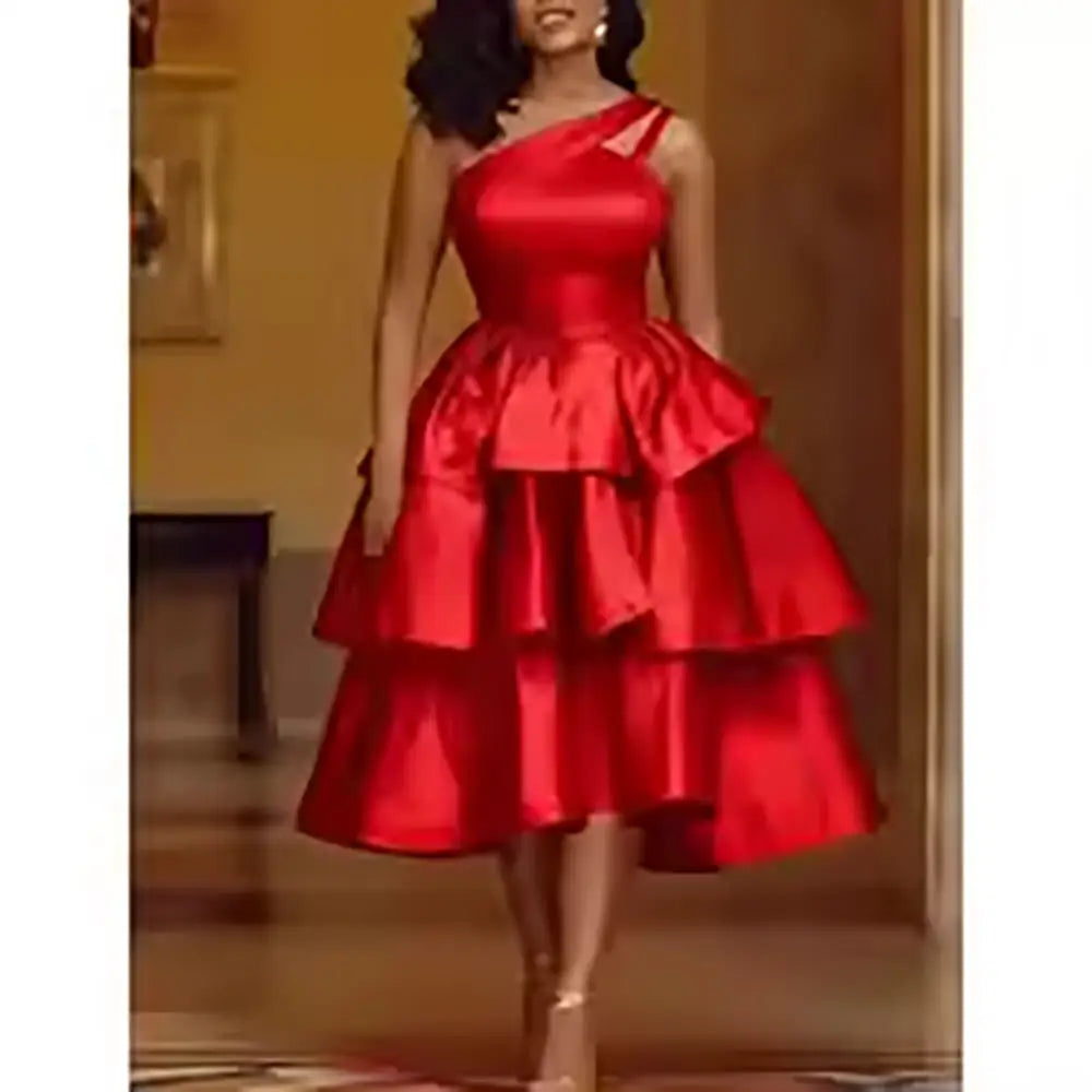 AOMEIDRESS Shiny One Shoulder Ruffle Layered Christmas Party Dresses Red / S