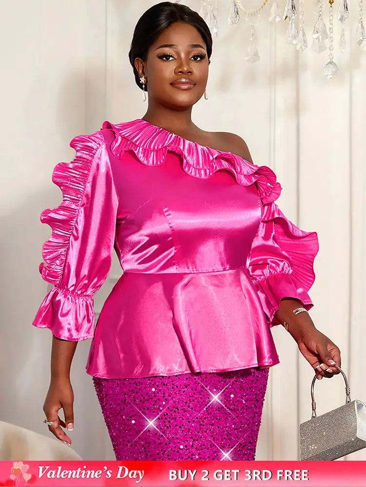 AOMEIDRESS Shiny One Shoulder Ruffled Satin Top Long Puff Sleeves Rose / L