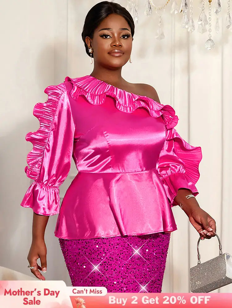 AOMEIDRESS Shiny One Shoulder Ruffled Satin Top Long Puff Sleeves Rose / L