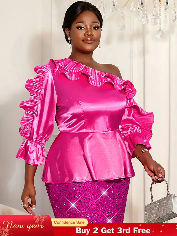 AOMEIDRESS Shiny One Shoulder Ruffled Satin Top Long Puff Sleeves Rose / L