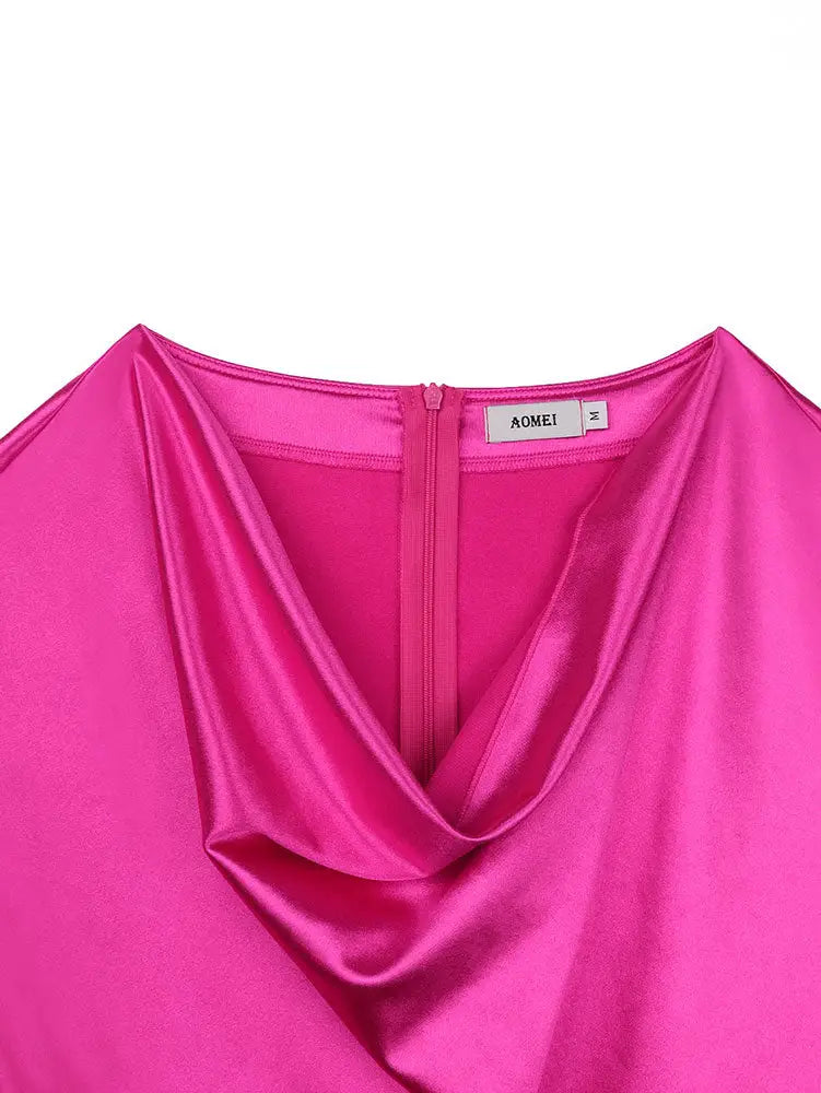 AOMEIDRESS Shiny Rose Satin Slim Dress with Draped Neckline Fringe