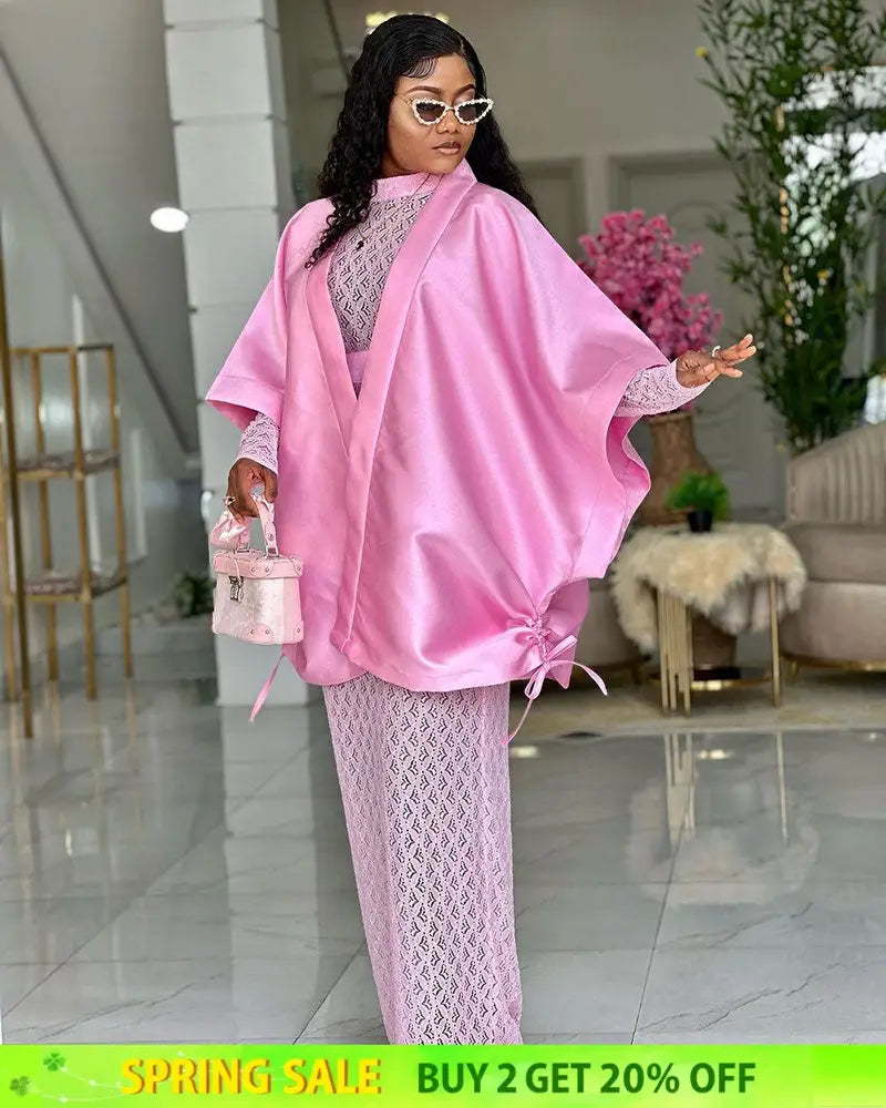 AOMEIDRESS Shiny Two Pieces Set Loose Coat Inner Lace Long Dress Pink / S