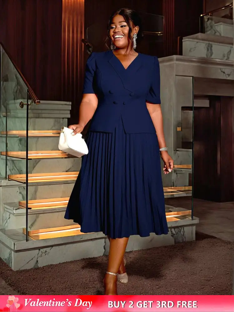 AOMEIDRESS V Neck Pleated A Line Office Dress Short Sleeve Button Up