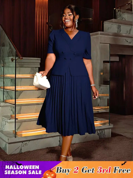 AOMEIDRESS V Neck Pleated A Line Office Dress Short Sleeve Button Up