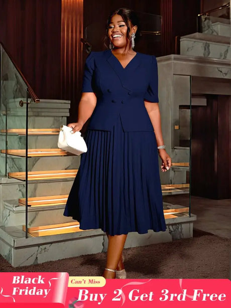 AOMEIDRESS V Neck Pleated A Line Office Dress Short Sleeve Button Up