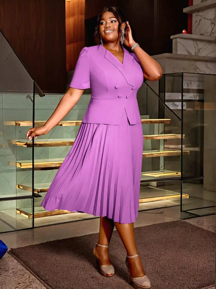 AOMEIDRESS Short Sleeve Office Dress V Neck A Line Pleated with Buttons