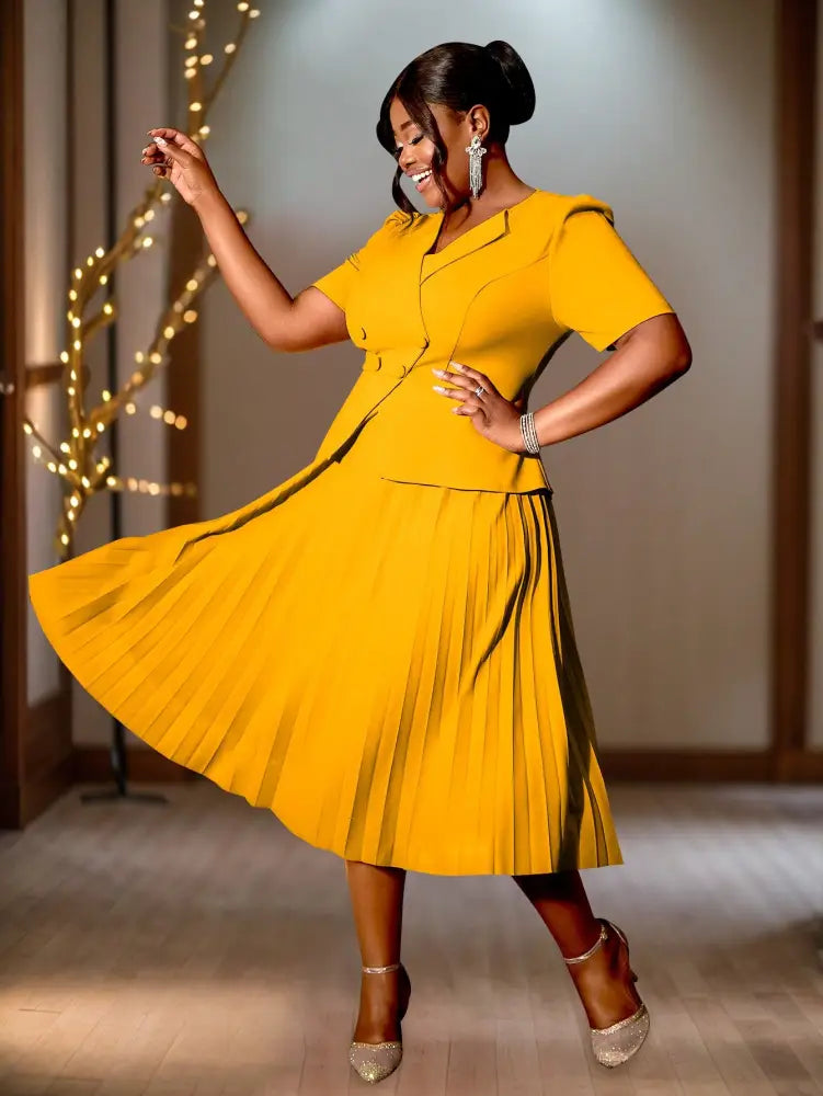 AOMEIDRESS Short Sleeve Office Dress V Neck A Line Pleated with Buttons Yellow / S