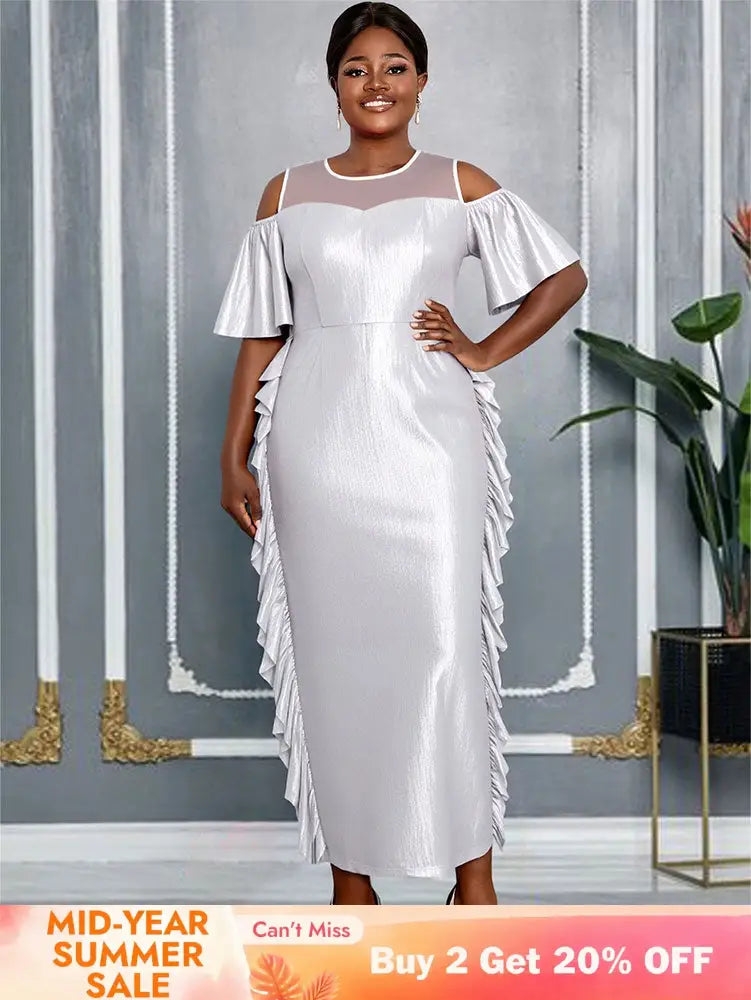 AOMEIDRESS Silver Off Shoulder Bodycon Dress O Neck Ruffles Gowns Silver / L