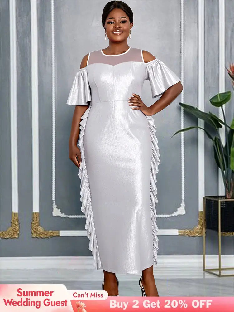 AOMEIDRESS Silver Off Shoulder Bodycon Dress O Neck Ruffles Gowns Silver / L