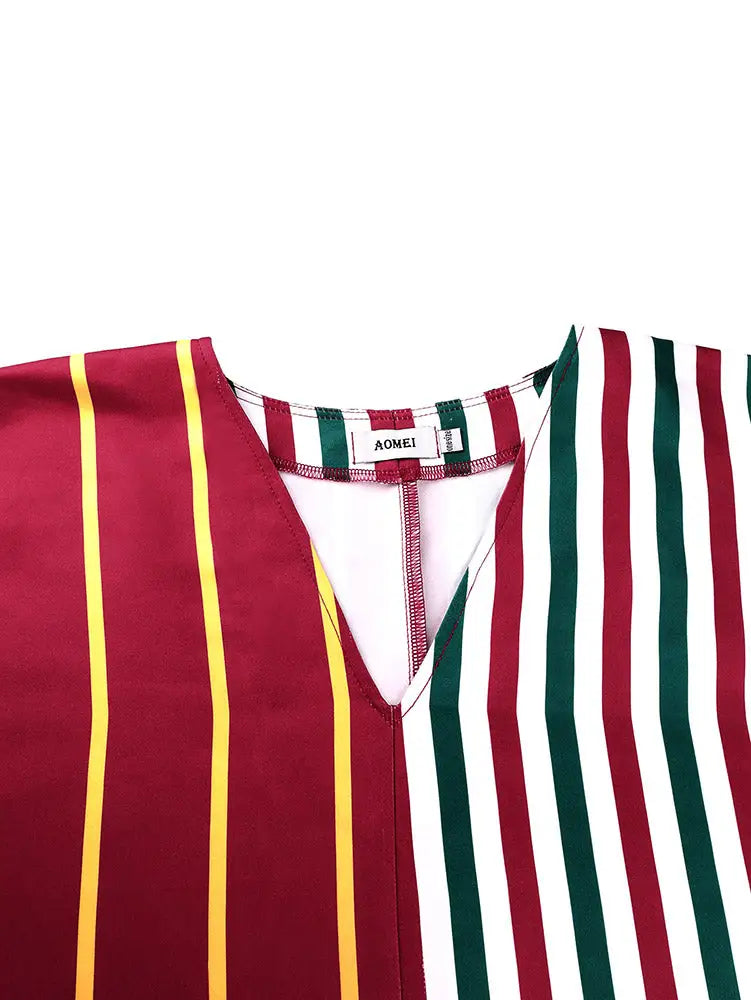 AOMEIDRESS Striped BuBu Dress V Neck Short Sleeves Pockets Patchwork - Striped / OneSize