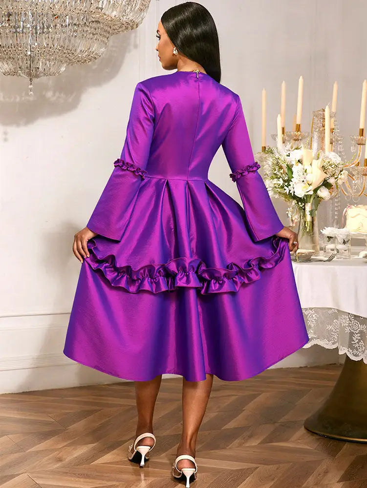 AOMEIDRESS Stylish A Line Dress Long Flare Sleeve 3D Flower Ruffles