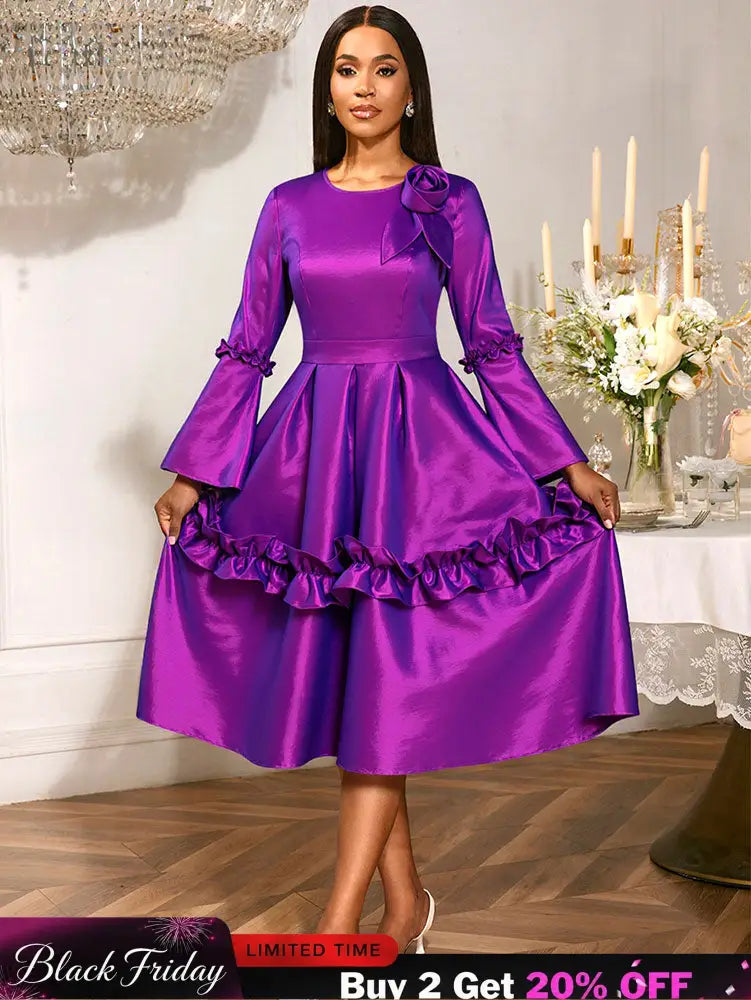 AOMEIDRESS Stylish A Line Dress Long Flare Sleeve 3D Flower Ruffles Purple / S