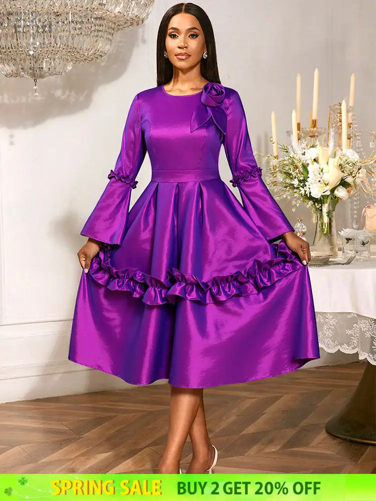 AOMEIDRESS Stylish A Line Dress Long Flare Sleeve 3D Flower Ruffles Purple / S