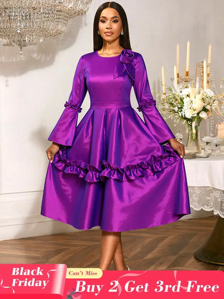 AOMEIDRESS Stylish A Line Dress Long Flare Sleeve 3D Flower Ruffles Purple / S