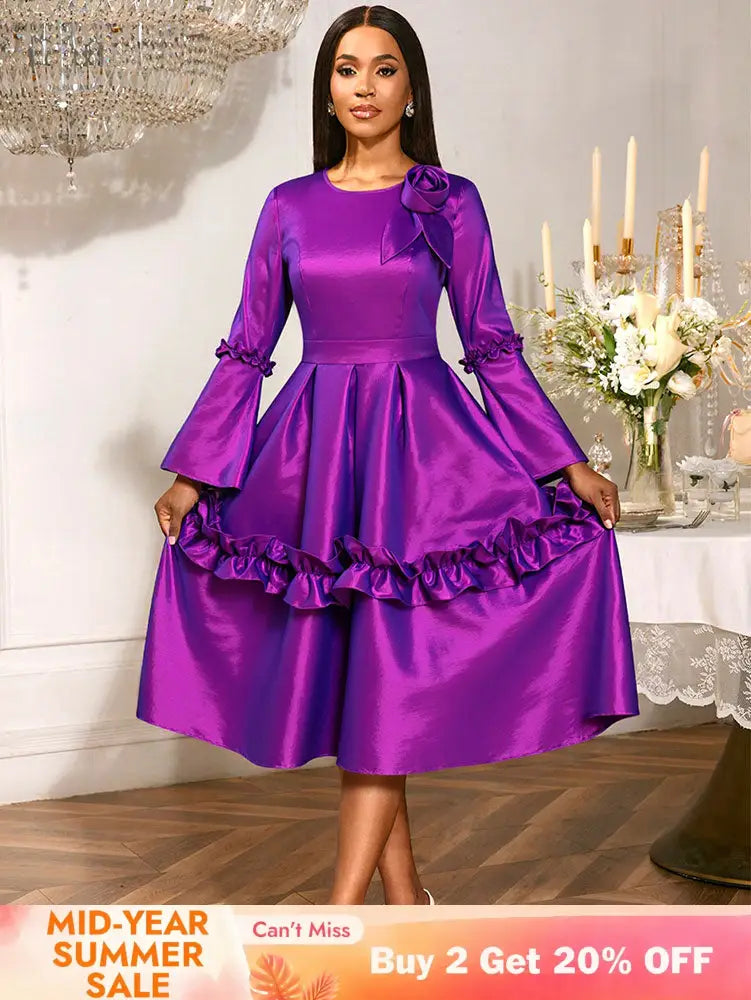 AOMEIDRESS Stylish A Line Dress Long Flare Sleeve 3D Flower Ruffles Purple / S