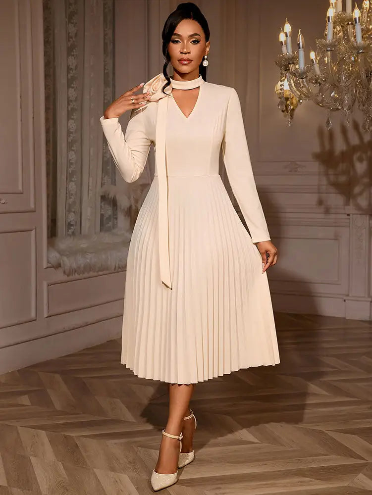 AOMEIDRESS Stylish A Line Pleated Dress V Neck Long Sleeve 3D Flower