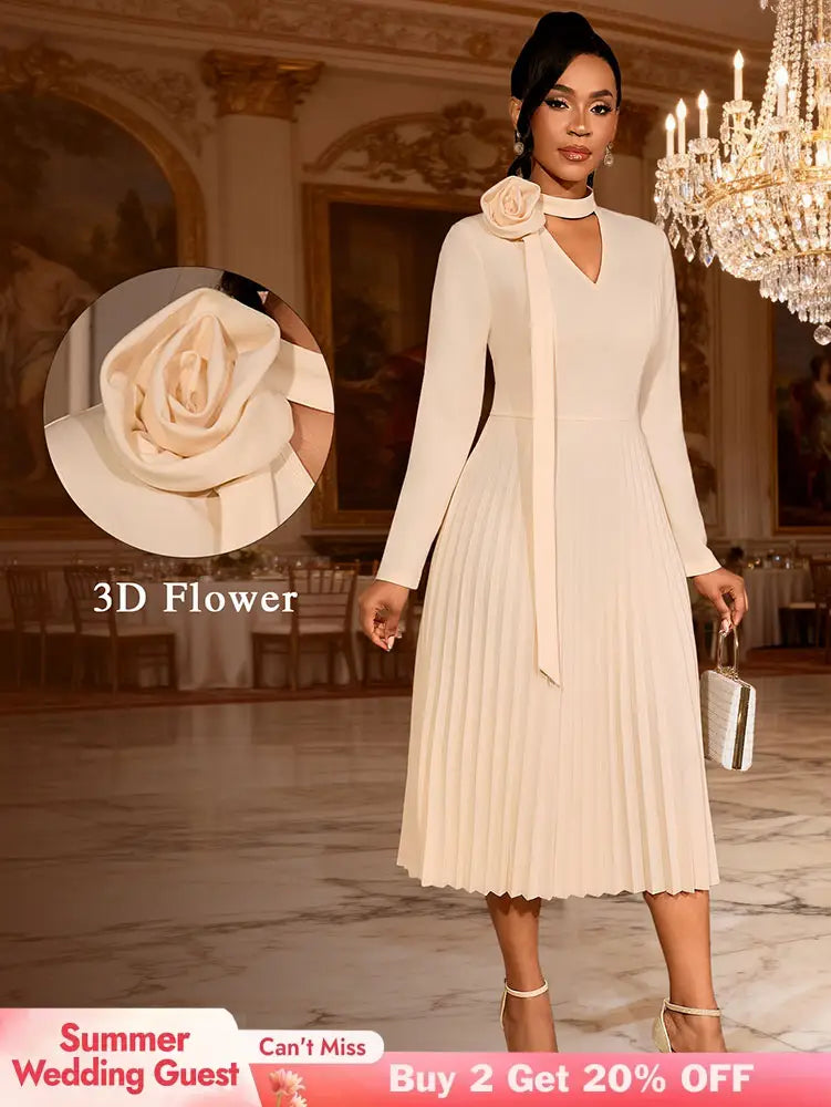 AOMEIDRESS Stylish A Line Pleated Dress V Neck Long Sleeve 3D Flower Apricot / S