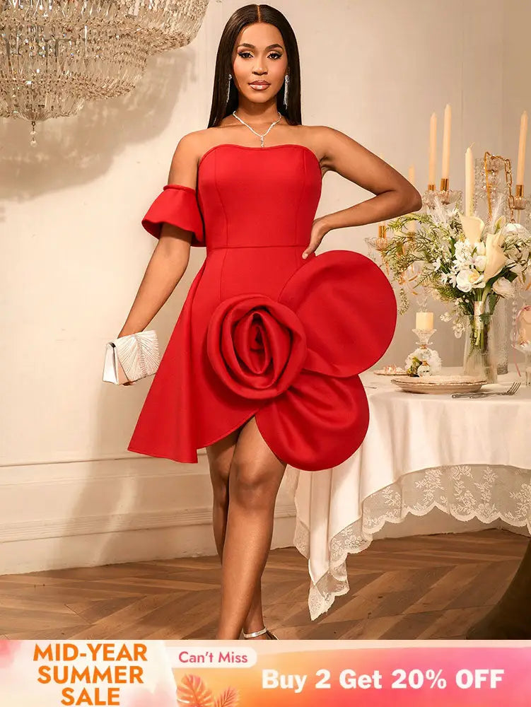 AOMEIDRESS Stylish Birthday Party Mini Off Shoulder Dress 3D Flower Red / S