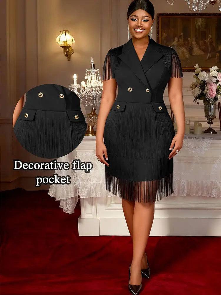 AOMEIDRESS Stylish Blazer Mini Dress Sleeveless Tassel Button Office