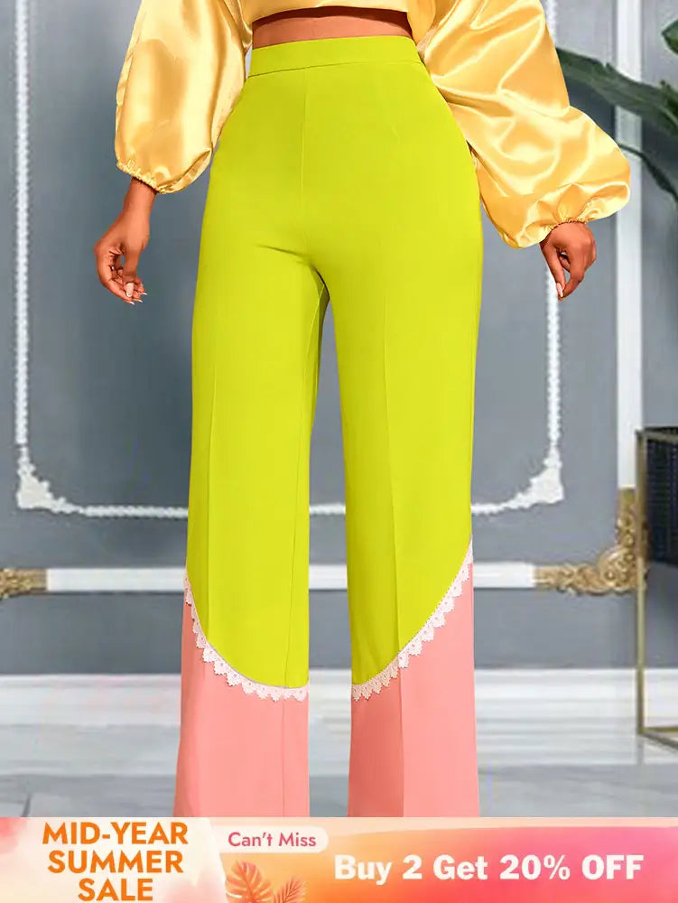 AOMEIDRESS Stylish Colorblock Wide Legged Pants Lace Trim Causal Wear MustardGreen / S