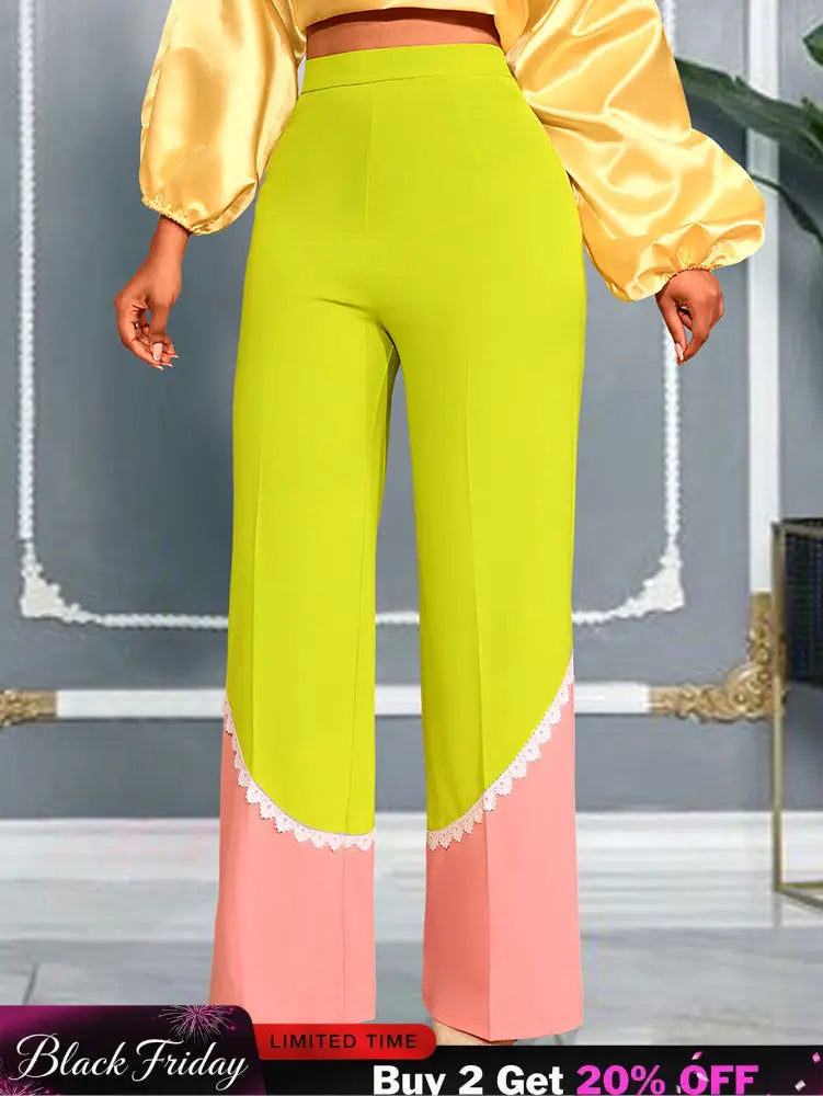 AOMEIDRESS Stylish Colorblock Wide Legged Pants Lace Trim Causal Wear MustardGreen / S