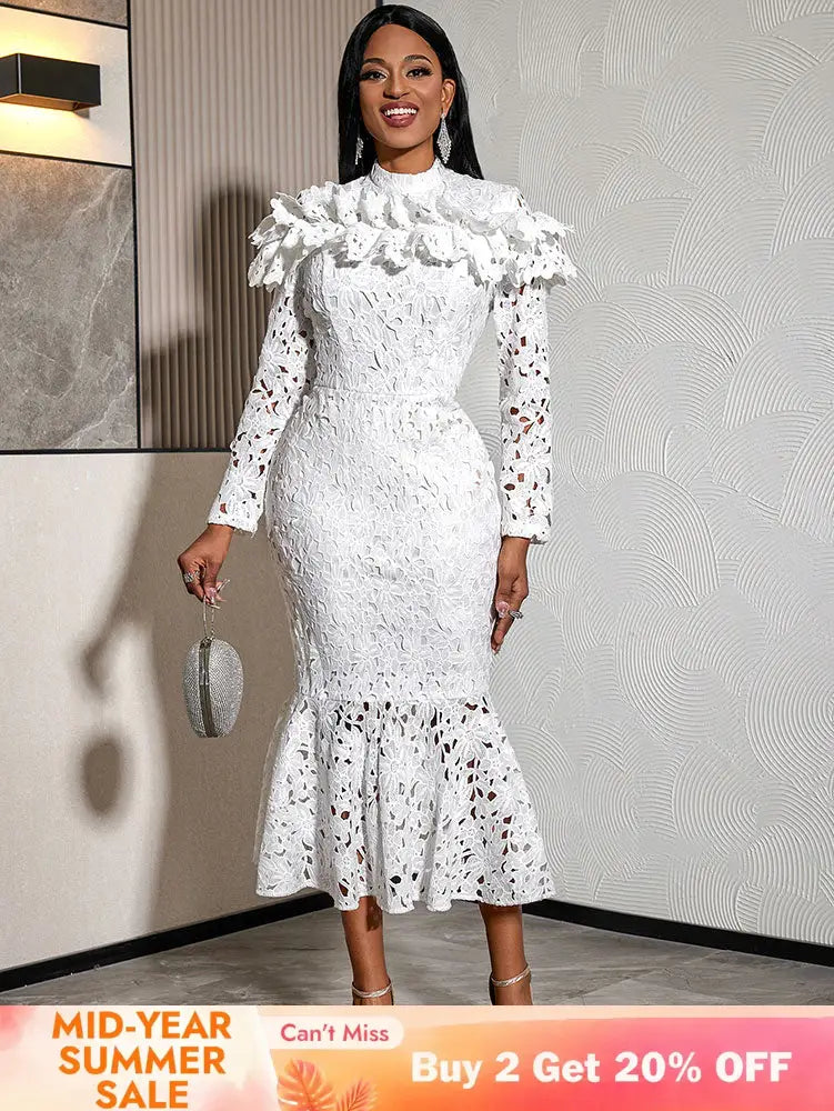 AOMEIDRESS Stylish Package Hip Lace Dress Ruffles Mermaid Hem White / S