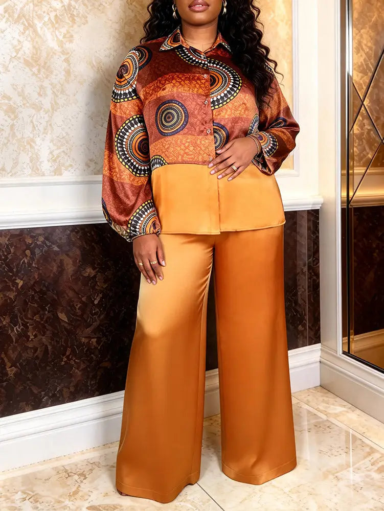 AOMEIDRESS Two Piece Set Button Patchwork Printed Shirt Wide Leg Pants - Brown / L
