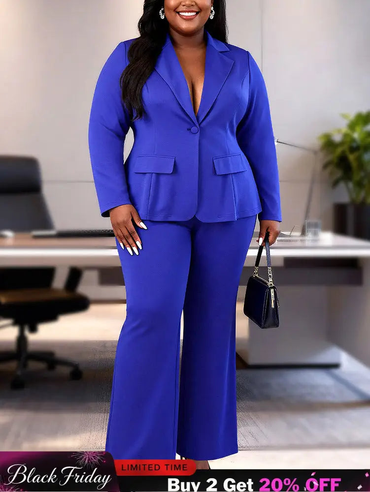 AOMEIDRESS Two Piece Set Button Up Blazer High Waist Pant Suit Office - Blue / S