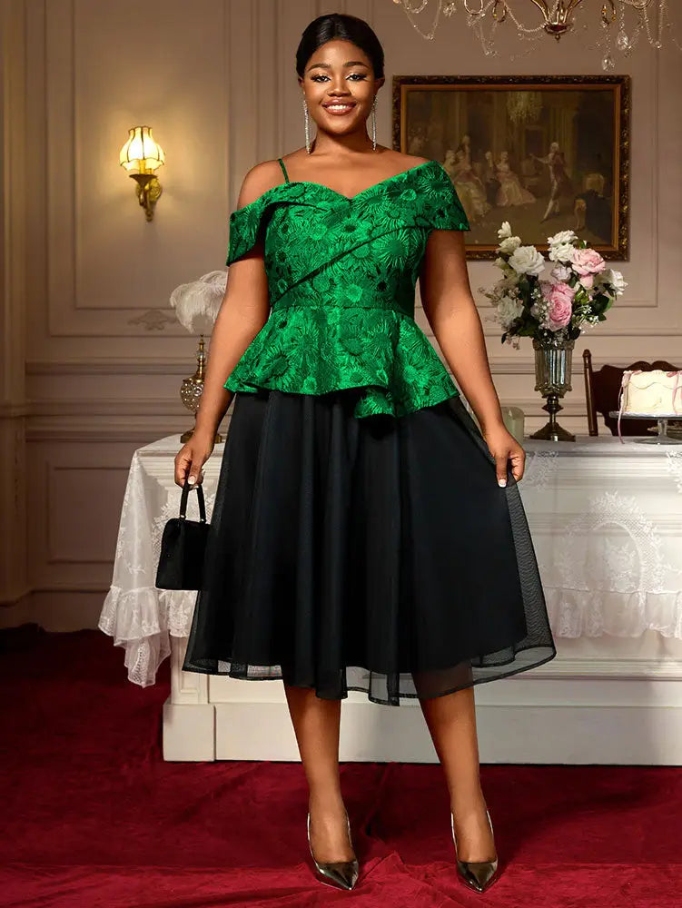 AOMEIDRESS Two Piece Set Jacquard Off Shoulder Tops With A Line Skirt Green / L