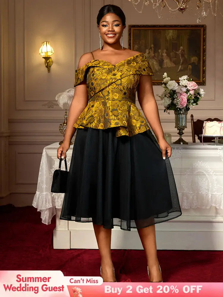AOMEIDRESS Two Piece Set Jacquard Off Shoulder Tops With A Line Skirt Yellow / S