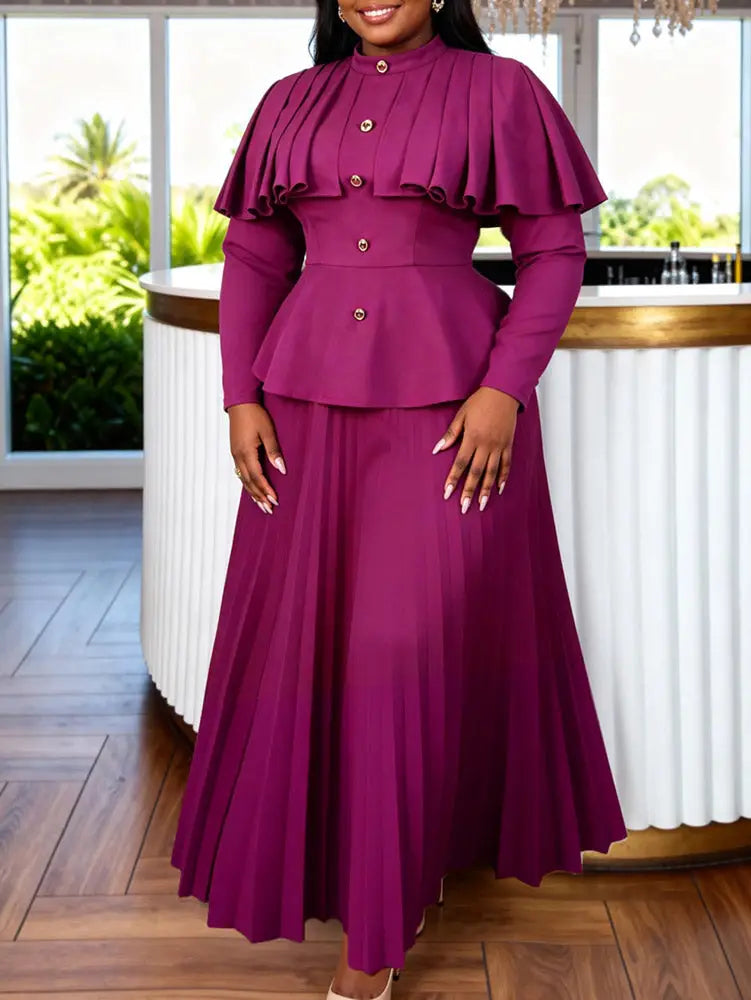 AOMEIDRESS Two Piece Set Long Sleeves Buttons Cape Tops Pleated Skirt