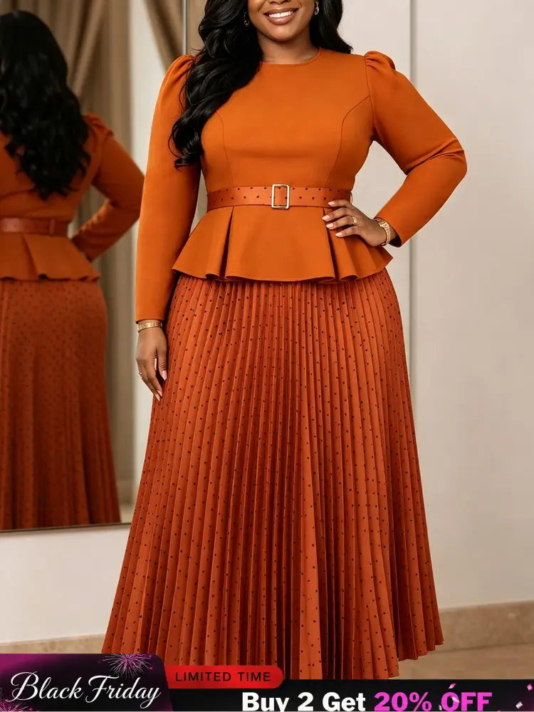 AOMEIDRESS Two Piece Set O Neck Long Sleeves Belt Top Pleated Skirt - Brown / S