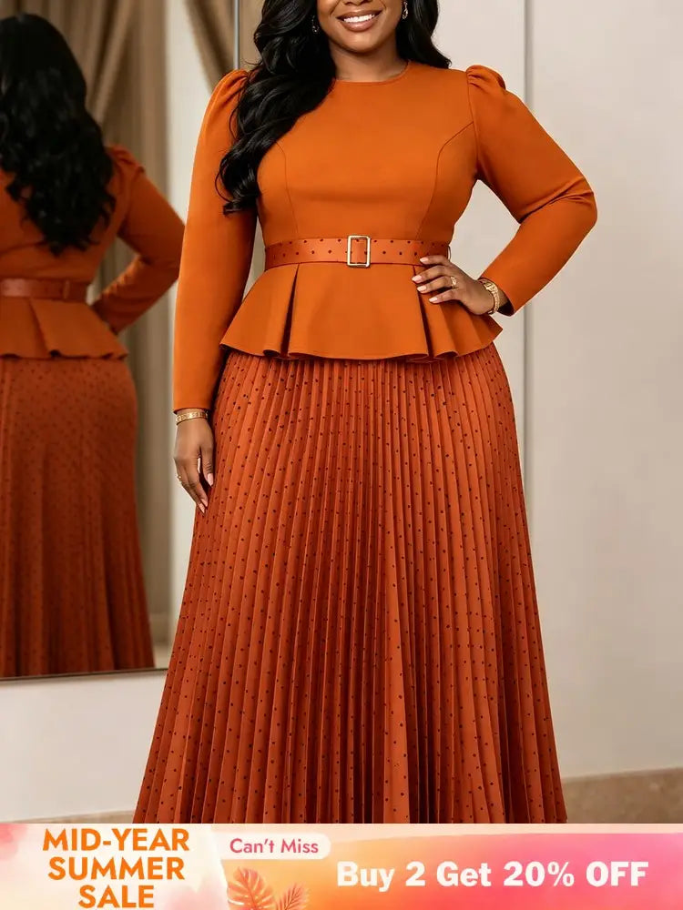 AOMEIDRESS Two Piece Set O Neck Long Sleeves Belt Top Pleated Skirt - Brown / S
