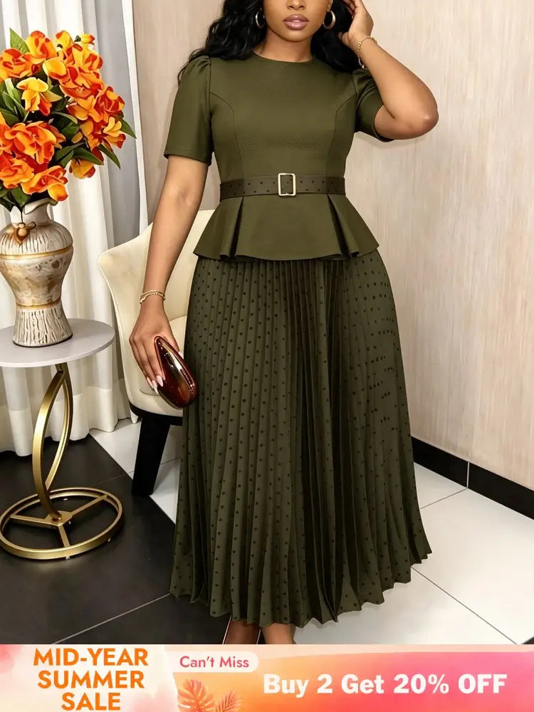 AOMEIDRESS Two Piece Set O Neck Short Sleeve Top Polka Dots Skirt - OliveGreen / L