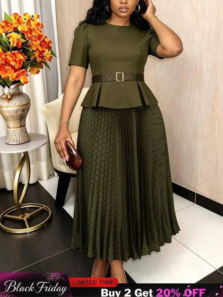 AOMEIDRESS Two Piece Set O Neck Short Sleeve Top Polka Dots Skirt - OliveGreen / L