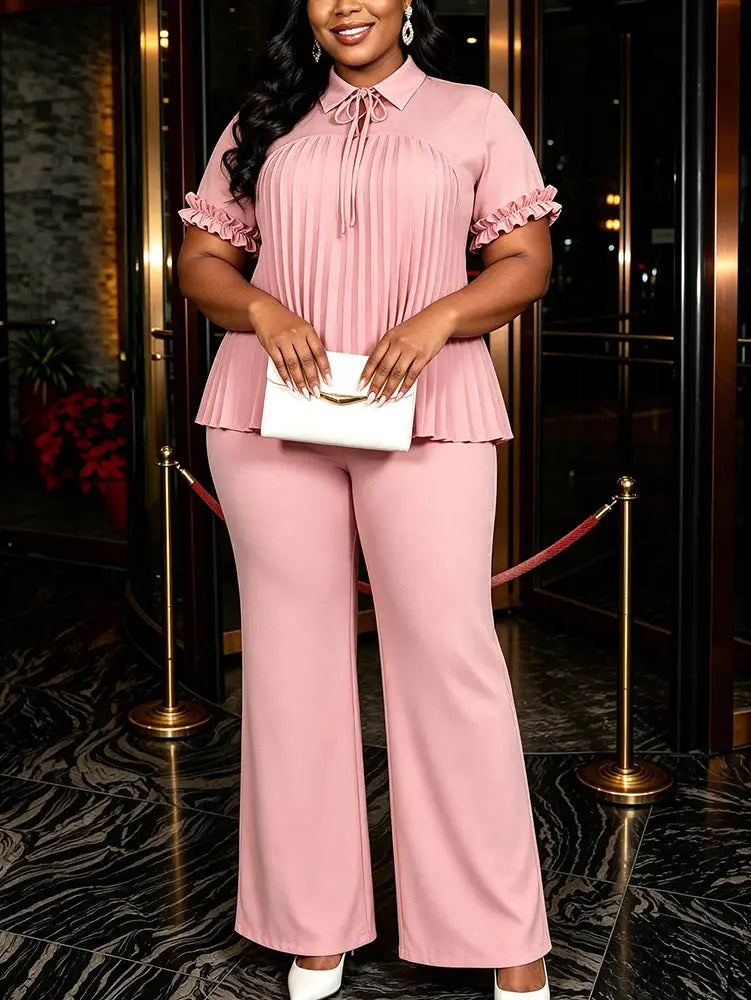 AOMEIDRESS Two Piece Set Short Sleeve Ruffles Blouse Wide Leg Pants