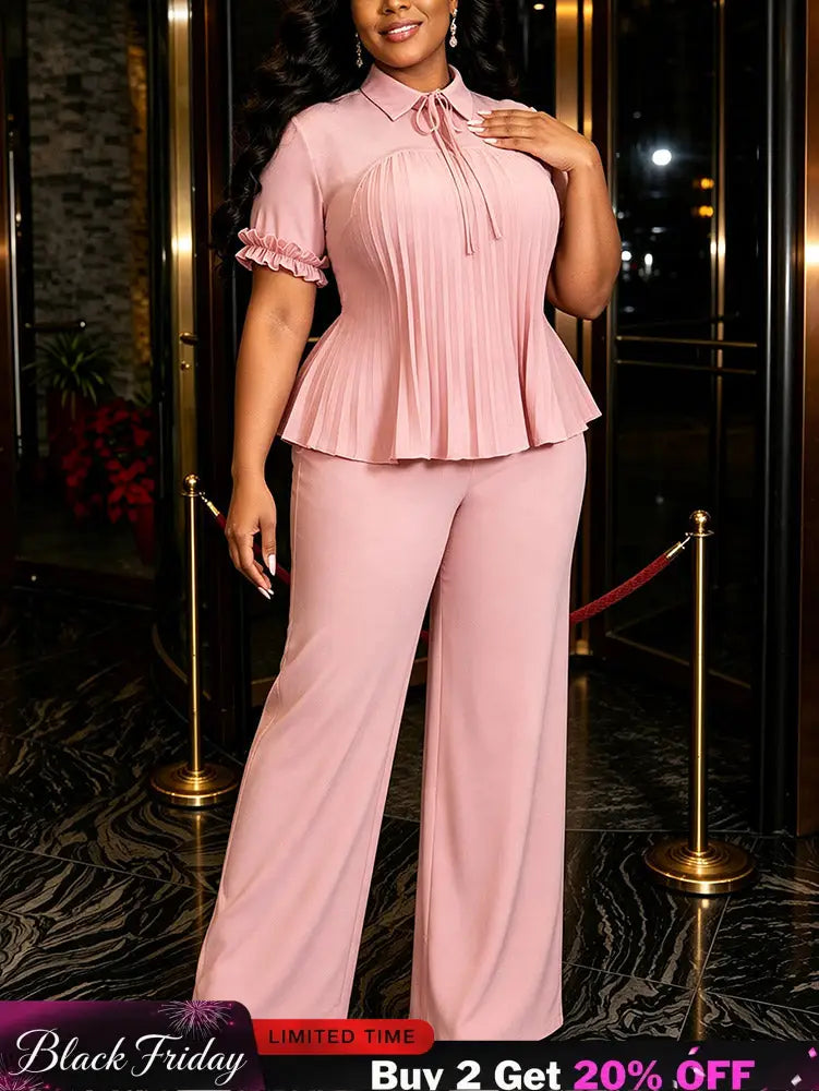 AOMEIDRESS Two Piece Set Short Sleeve Ruffles Blouse Wide Leg Pants - Pink / L