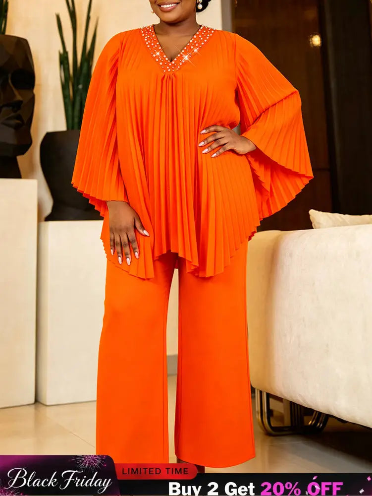 AOMEIDRESS Two Piece Set V Neck Beading Irregular Tops Wide Leg Pants - Orange / L
