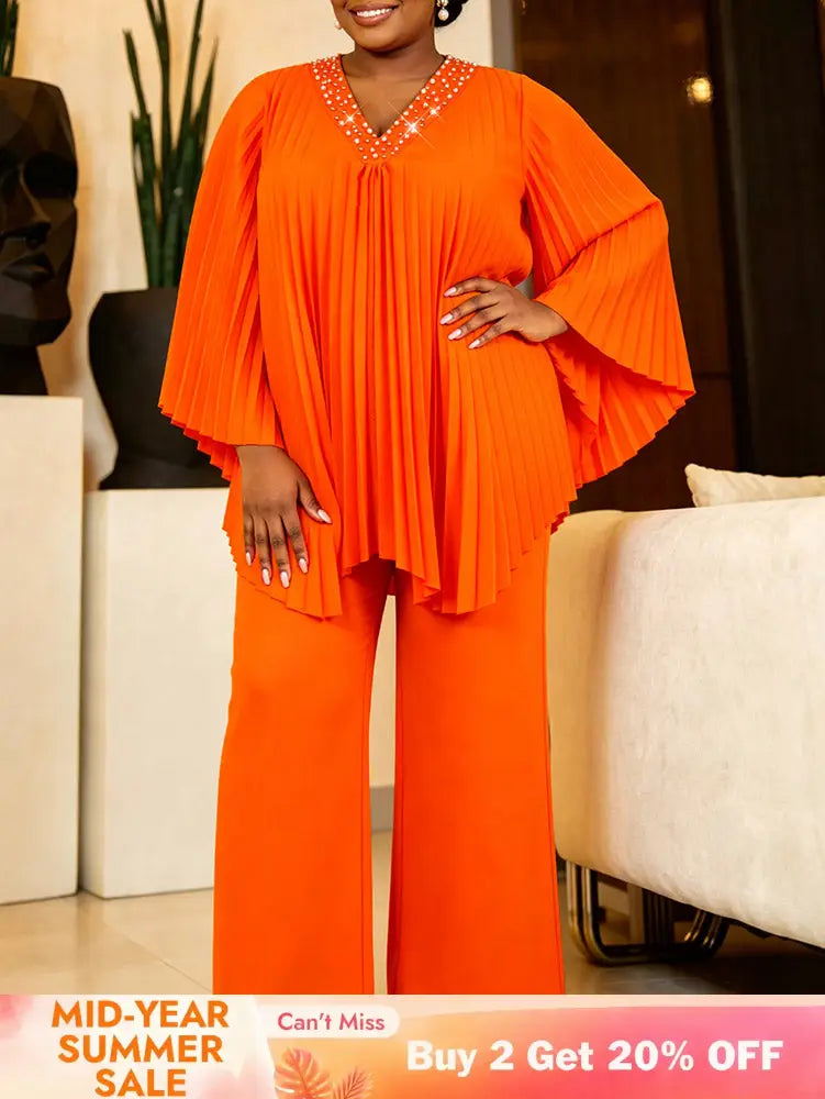 AOMEIDRESS Two Piece Set V Neck Beading Irregular Tops Wide Leg Pants - Orange / L