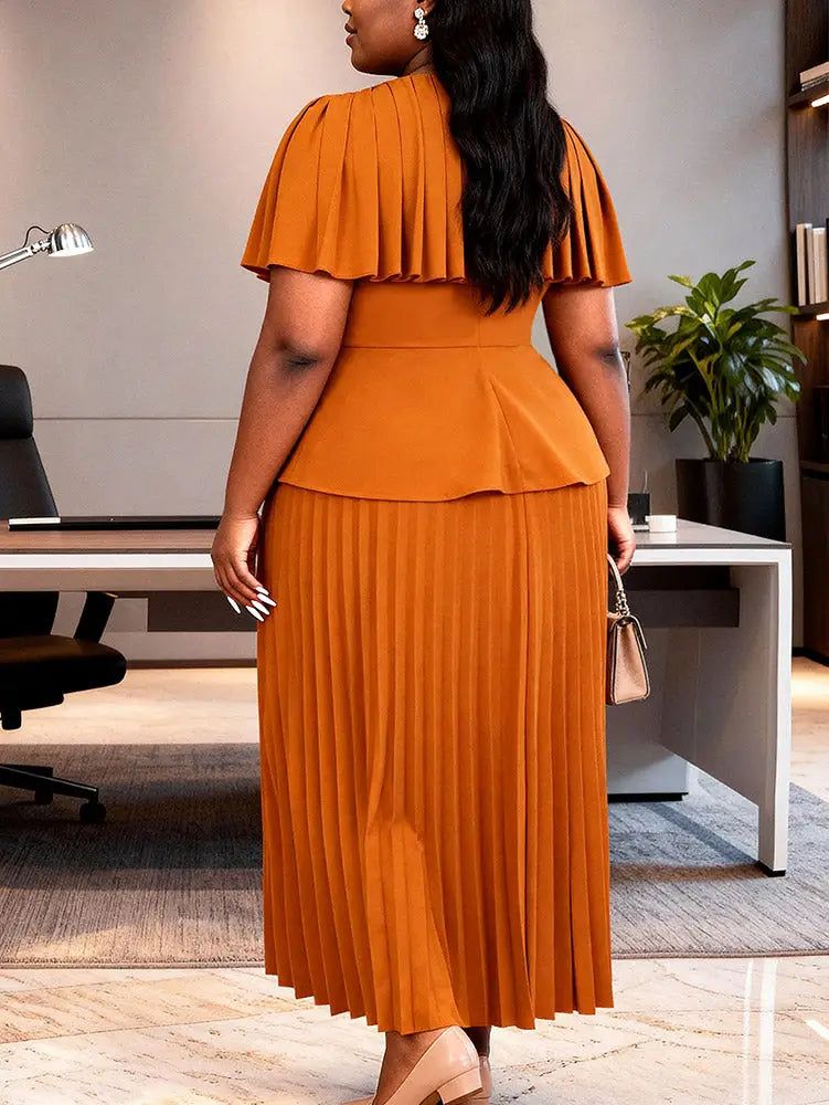 AOMEIDRESS Two Piece Sets O Neck Button Cape Style Tops Pleated Skirt