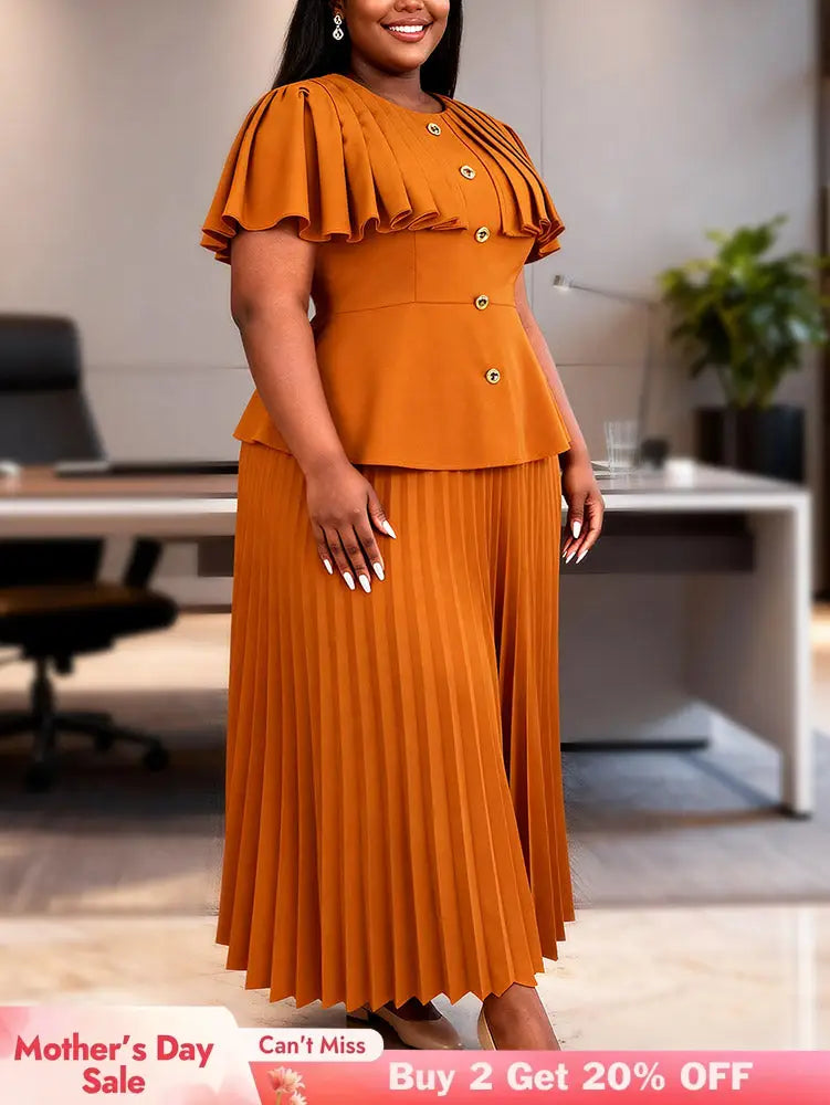 AOMEIDRESS Two Piece Sets O Neck Button Cape Style Tops Pleated Skirt - Brown / L