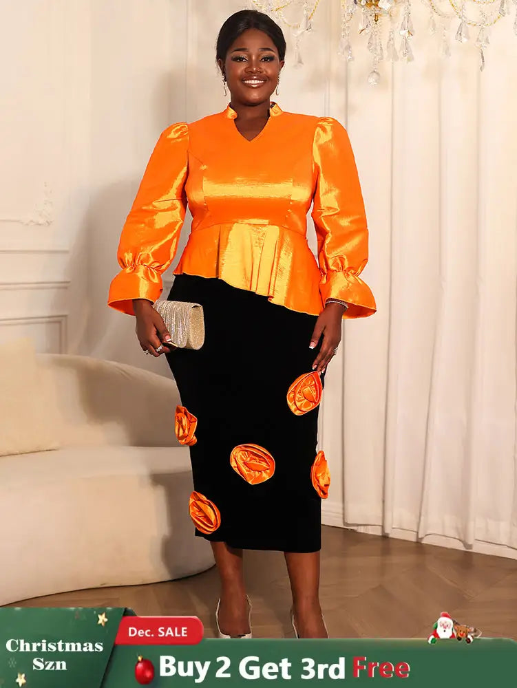 AOMEIDRESS Two Pieces Set Peplum Top 3D Flower Skirt For Wedding Party Orange / S