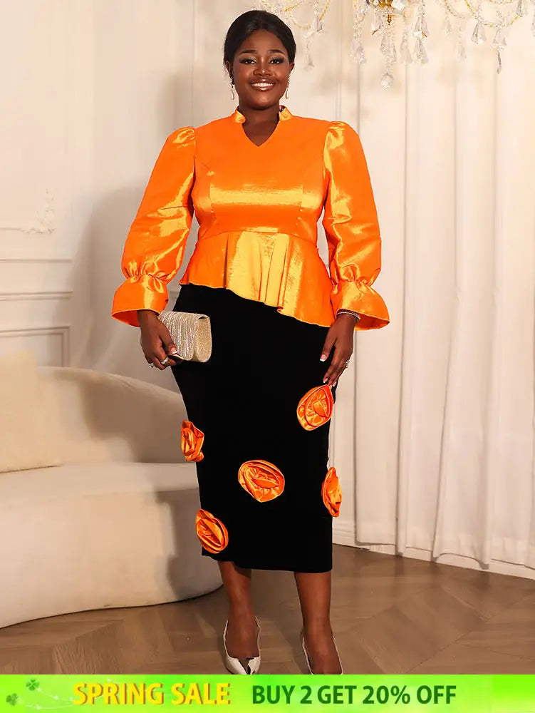 AOMEIDRESS Two Pieces Set Peplum Top 3D Flower Skirt For Wedding Party Orange / S