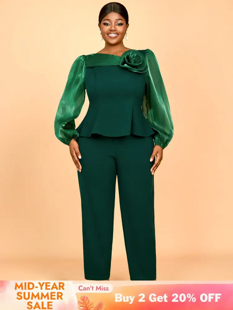 AOMEIDRESS Two Pieces Sets Simple Elegant Causal Suits Long Sleeve DarkGreen / 0XL