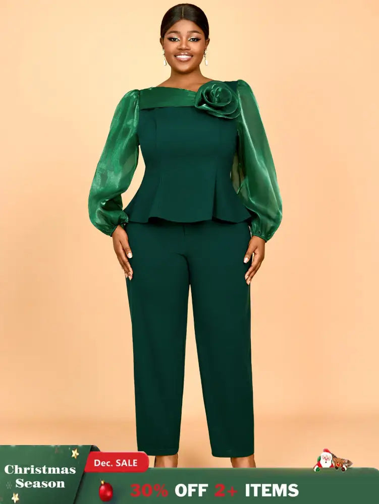 AOMEIDRESS Two Pieces Sets Simple Elegant Causal Suits Long Sleeve DarkGreen / 0XL